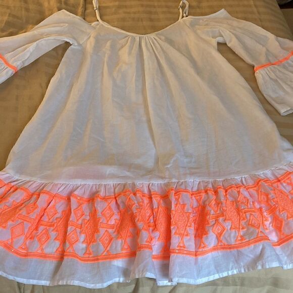 Taj By Sabrina Crippa Coverup Dress in White Cotton with Orange Embroidery. - Picture 6 of 8